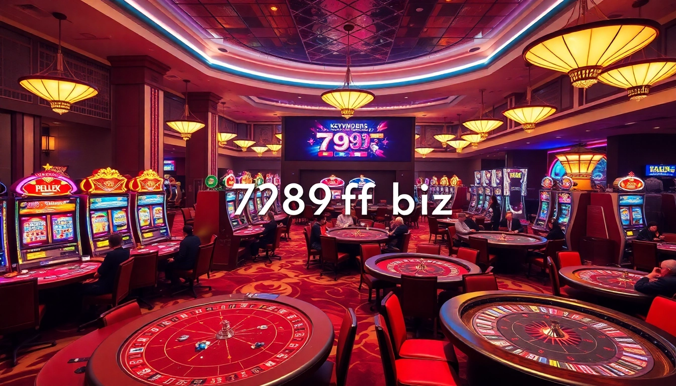 Players enjoying vibrant casino games at 789ff biz with dazzling slot machines and poker tables.
